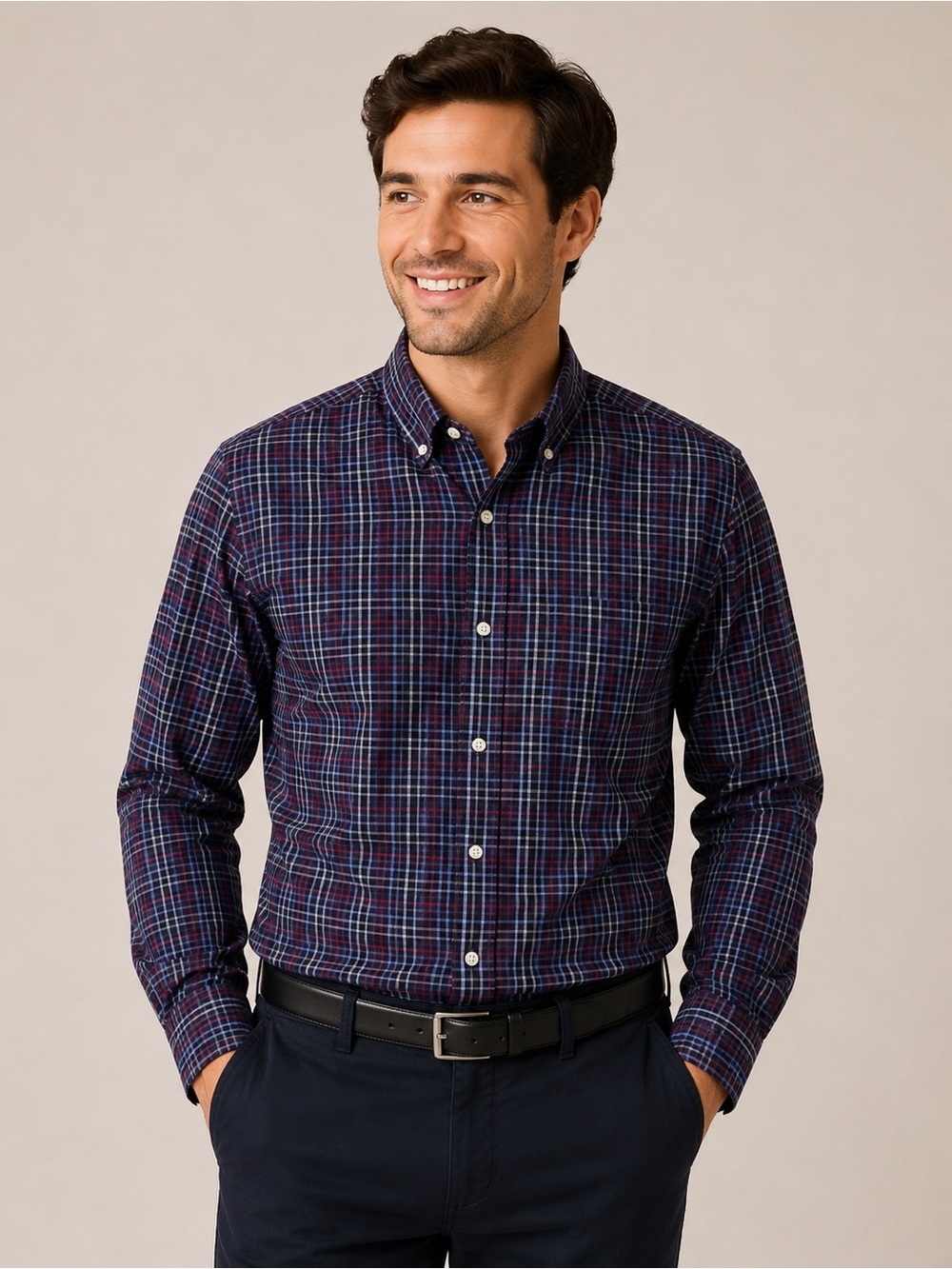 🚨Haggar Navy and Burgundy Plaid Button-Down Shirt
